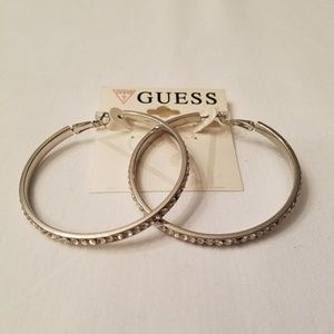 Guess Silver Tone Rhinestone Hoop Earrings